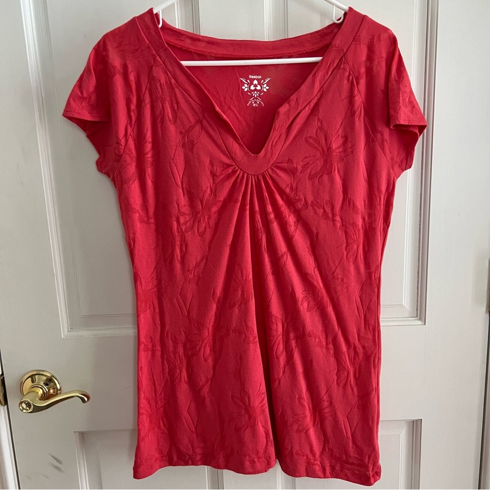 Womens REEBOK Orange/Red Floral Sheer Yoga Top Size XL